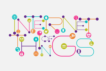 Naklejka premium Internet of Things concept using dot and connecting line font style. And gadgets inside the connecting dots.