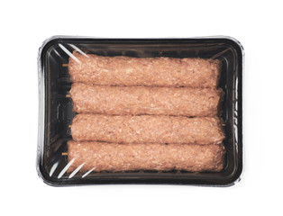 Boxed raw kebab meat isolated