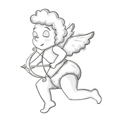 Monochrome sketch style illustration of Cupid with bow and arrow on white background, symbol of love and Valentine's Day. Vector.