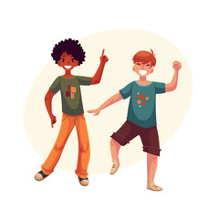 Full length portrait of african amercian teenaged boy in orange jeans dancing, cartoon style vector illustration isolated on yellow background with place for text. Smiling two boys dancing