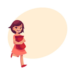 Little girl in pink dress holding pack of chips in hands tightly, cartoon vector illustration isolated on white background. Happy brown-haired girl running with a pack of chips