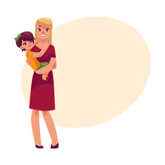 Happy mother holding her son in hands, cartoon vector illustrations on background with place for text. Pretty young smiling woman with little son in her hands, happy family concept