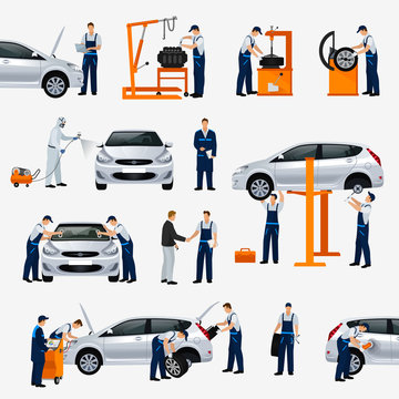 Flat icons car repair service, different workers in the process of repairing the car, tire service, diagnostics, vehicle painting, window replacement spare parts. Vector illustration