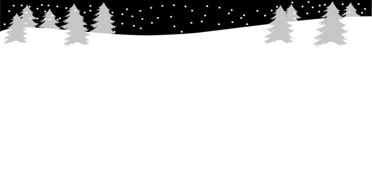 Beautiful night landscape with Christmas trees, snowbank and snow with copy space Winter background. Flat style Gray and black color Winter or Christmas web banner Vector illustration Horizontal