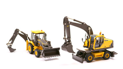 two types of excavator on white background