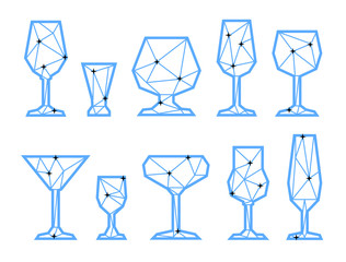 Set polygonal icons glasses. Low poly style. Blue line on white