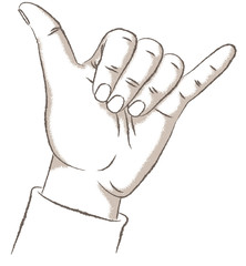 Shaka Hand Gesture, retro. Vector illustration of a hand making the shaka gesture. Retro look illustration with a rough texture.
