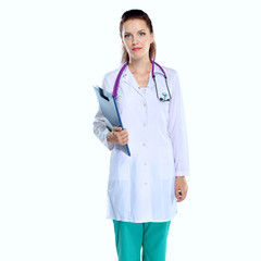 Fototapeta premium Smiling female doctor with a folder in uniform standing at hospital