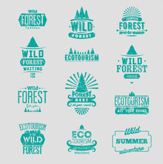 Wild Forest and Eco tourism typographic retro labels, vintage badges and logo signs. Grunge Vector Set.