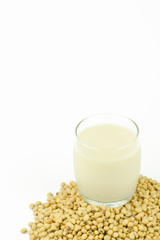 Milk with soy beans on white background.