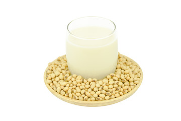 Milk with soy beans on white background.