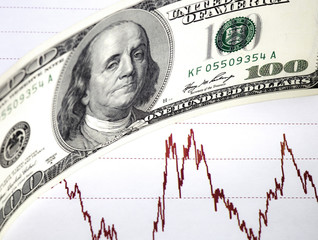 Concept of stock market exchange trading, Chart of prices with red line. US hundred dollar bill...