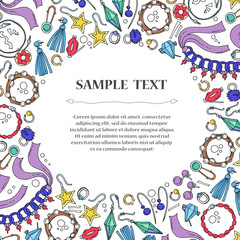 Cover with hand drawn colored jewelry on white background. Illustration on the theme of fashion and beauty