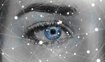 Close-up of woman digital eye network concept 3D rendering