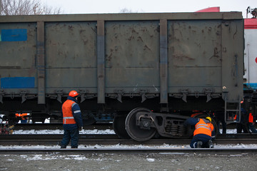 Derailed train coaches at the site of a train accident