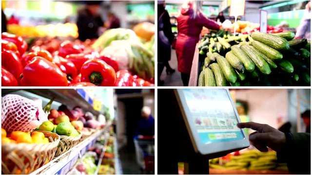 Four in one: grocery concept Electronic scales in the supermarket, customer weighs the vegetable and fruits