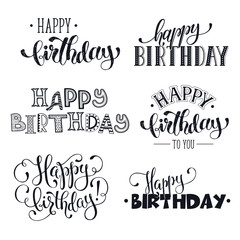 Hand written Happy birthday phrases. Greeting card text templates isolated on white background. Happy Birthday lettering in modern calligraphy style. 