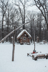 The Pit and the hut standing in the woods in winter snow