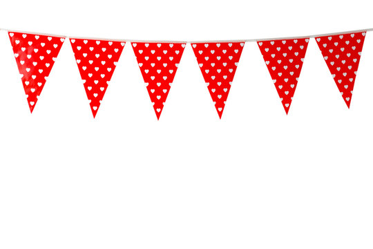 Red bunting party flag with heart pattern isolated on white