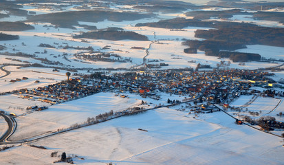 Fototapeta na wymiar Aerial view of Machtolsheim on the Swabian Alps, south germany on a sunny winter day