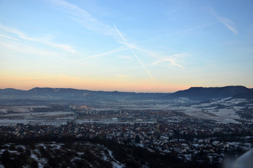 Aerial view  of north rim of Swabian Alps, Germany during sunset