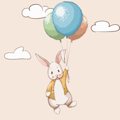 Cute rabbit flying with balloons