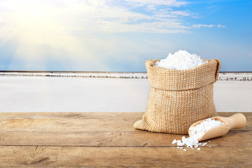 Sea salt with salty lake in the background