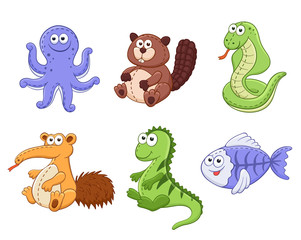 Cute cartoon animals isolated on white background. Stuffed toys set. Vector illustration of adorable plush baby animals. X-ray fish, beaver, snake, iguana, numbut, octopus.