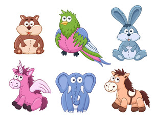 Cute cartoon animals isolated on white background. Stuffed toys set. Vector illustration of adorable plush baby animals. Crocodile, kangaroo, octopus, sheep, yak, panda.