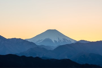 Snow capped Mt Fuji at sunset