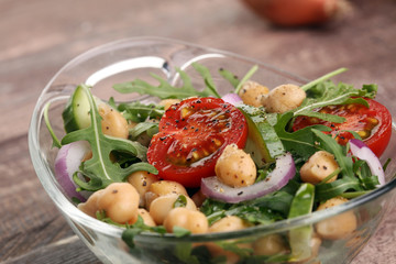 Healthy homemade chickpea and veggies salad, arugula, diet, vege