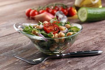 Healthy homemade chickpea and veggies salad, arugula, diet, vege