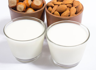 Glass of hazelnut milk and almond isolated on white background.