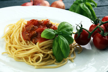 Plate of delicious spaghetti Bolognaise or Bolognese with savory