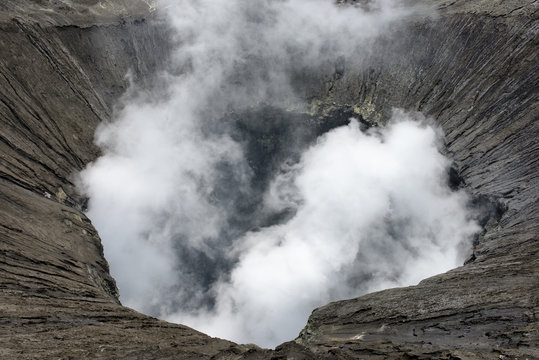 View inside the active volcano crater at Mt. Bromo, Tengger Semeru National Park, Indonesia
