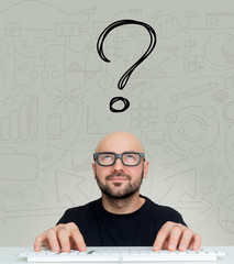 Young attractive bold man geek with glasses asking question to h