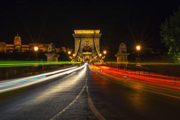 Scenic night view of Chain Bridge in Budapest, Hungary