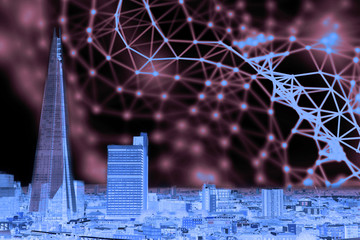 Modern city scape, skyscraper and network, neurone connection concept