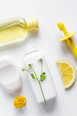 natural organic cosmetics for baby on white background top view