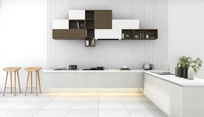 3d rendering white modern kitchen with minimal decor