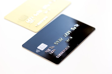 pile of credit cards on white background