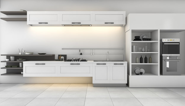 3d rendering white kitchen with nice design built in 