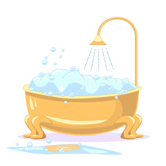 Tub filled with foam, with a shower and soap bubbles