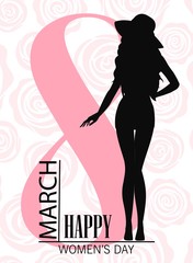 Happy womens day. 8 march Design with girl and roses. International Womens Day Background