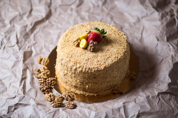 Cake with strawberries and nuts