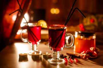 Hot buckthorn tea and mulled wine with decor