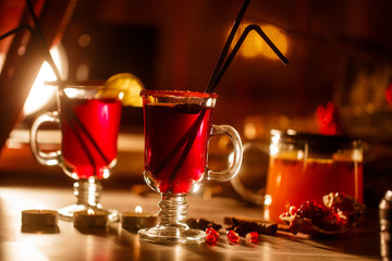 Hot buckthorn tea and mulled wine with decor