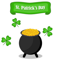 Saint Patrick day illustration of shamrock leaves and pot with golden coins