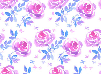 decorative pink rose flower seamless pattern hand drawn watercol