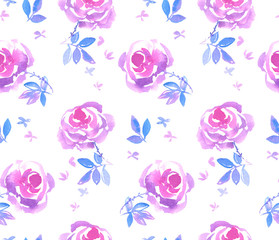 decorative pink rose flower seamless pattern hand drawn watercol